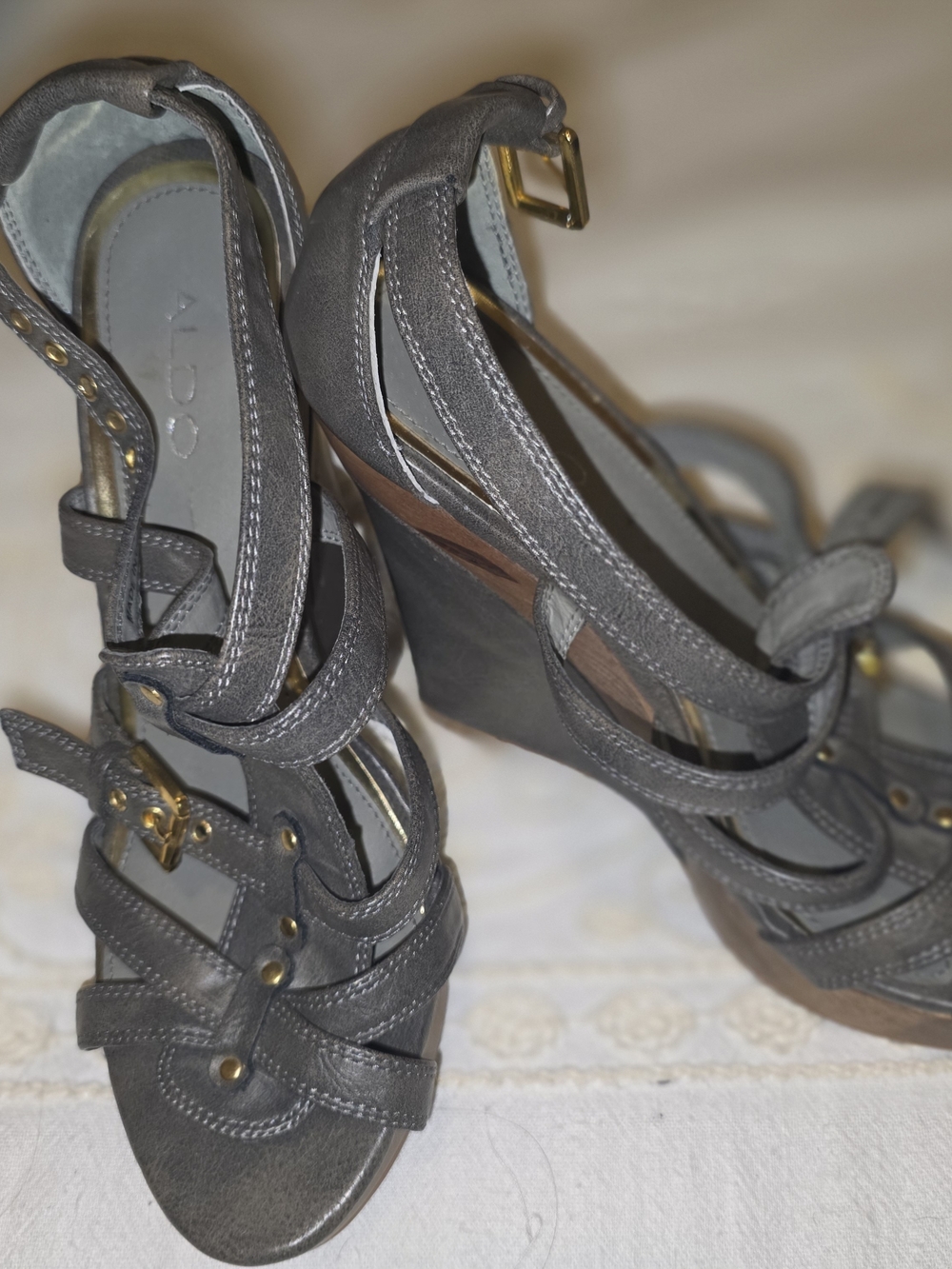 ALDO Gray Strappy Wedge Sandals with Gold Buckle